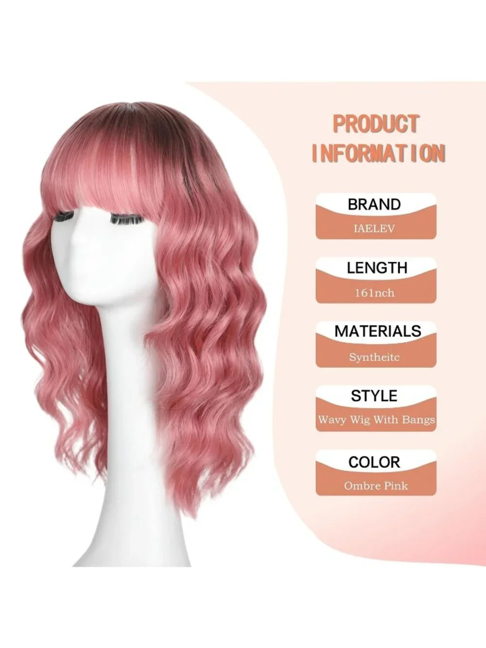 Women's Ombre Pink 16 Inch Wavy Wig Bangs Shoulder Length Synthetic Hair